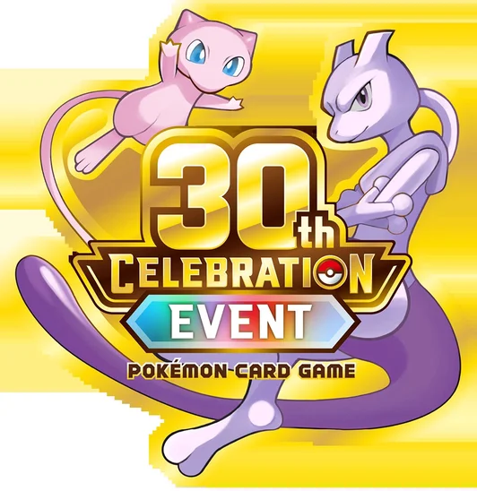 30th CELEBRATION EVENT logo for the Pokémon Card Game, with Mew and Mewtwo on a gold background
