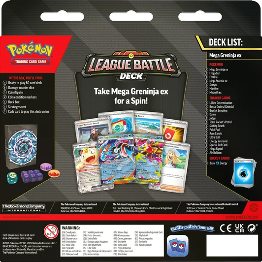 Back of the Mega Greninja ex League Battle Deck box showing the full deck list and box contents