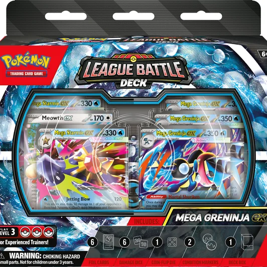 Front of the Mega Greninja ex League Battle Deck box showing the included foil cards