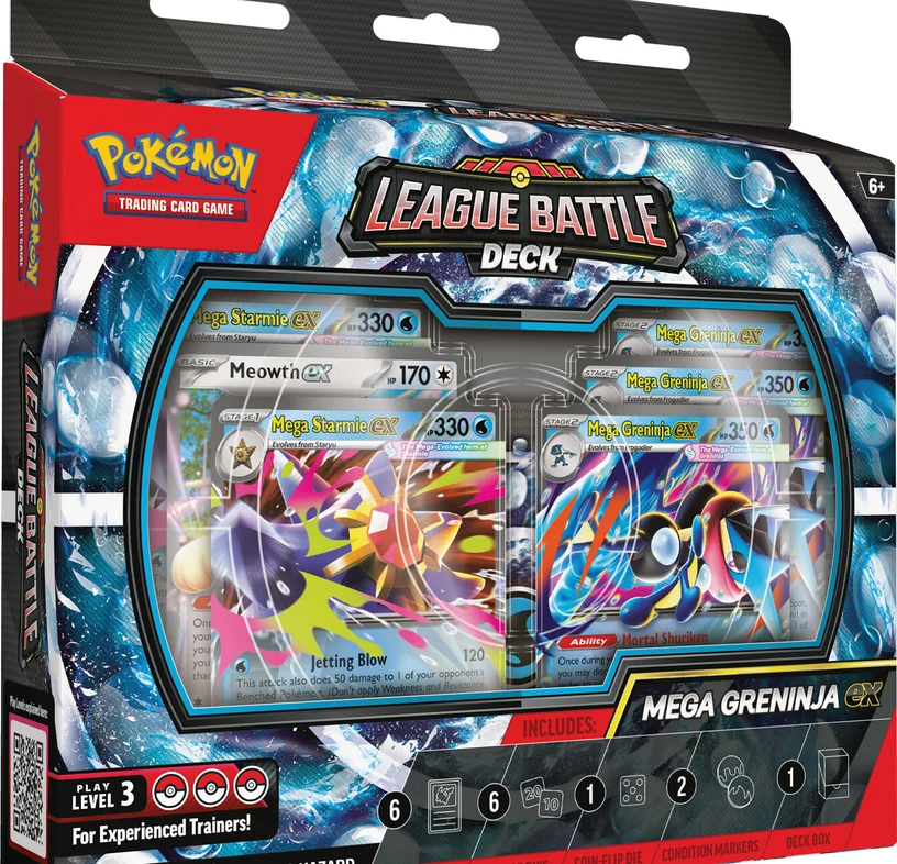 Mega Greninja ex League Battle Deck box shown at an angle, featuring Mega Starmie ex, Meowth ex and Mega Greninja ex on the front