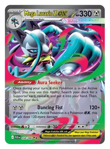 English Mega Lucario Z ex card, 330 HP, with the Aura Seeker ability and the Dancing Fist attack